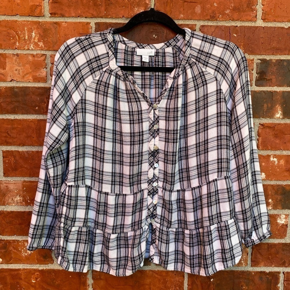 J. Jill Womens Small Petite Black Beige Plaid Skirted Button Front Shirt